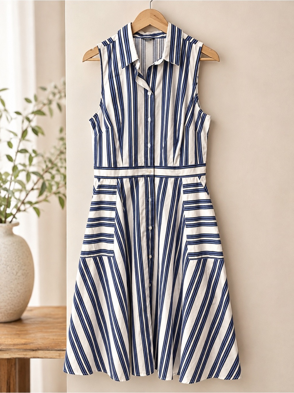 Ann Taylor Navy and White Striped Asymmetrical Shirt Dress